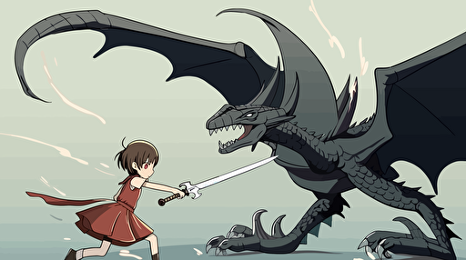 vector, anime action shot of little girl in a dress fighting a dragon in mid air with sword over her head as she prepares to hit the dragon, black outline, dynamic pose, fearless expression,