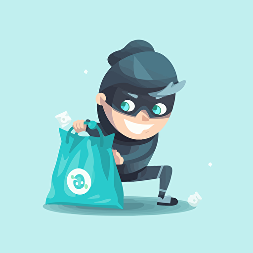 a robber vector who is carrrying a translucent bag of coins with copyright symbol on it