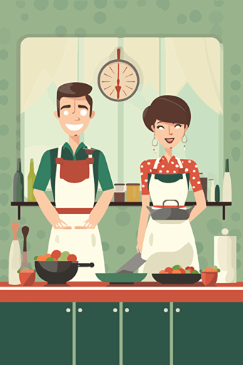 a happy couple cooking together. background: blank. couple: smiling while looking at each other with aprons on. food in front of the couple, vector style