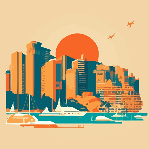 vector image of the Monaco skyline, using only orange and blue colours, simple cartoon style shading, very simple