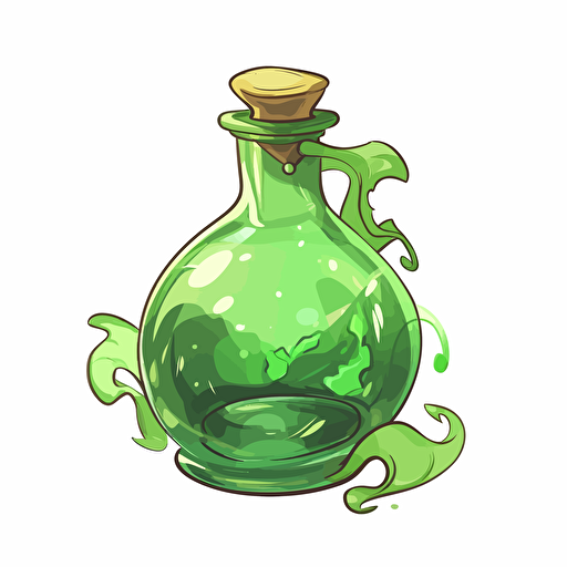 a magical bottle of green potion, vector, white bg