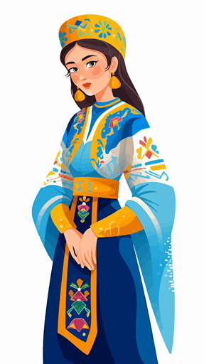 Beautiful-eyed Kazakh girl in traditional national clothing, grawing, illustration, flat vector, blue and yellow color