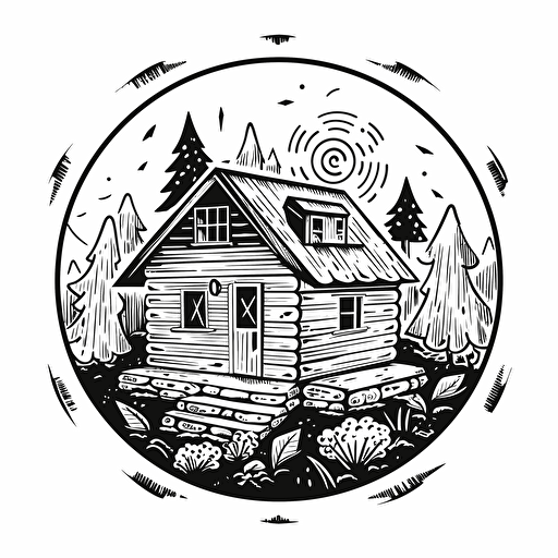cabin for board game addicted people, logo:3, black white drawing, vector