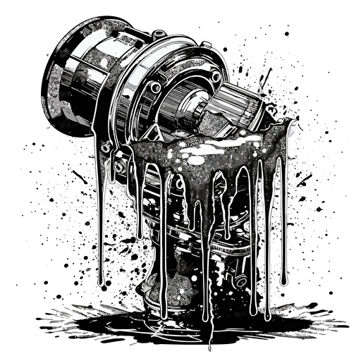 car engine piston with splattered ink behind it all black and white contour vector design with solid background