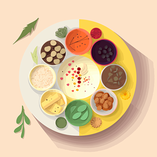Minimalist vector illustration of indian food plate. Top perspective closeup on a white table. Strong light and shadow. Use only 6 colors. Style of Malika Favre and Owen Davey