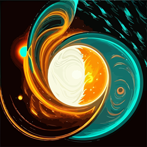laser beam, spark, earth and moon in a swirl of orange and turquoise, white background, insanely detailed Vector illustration, style by Illumination