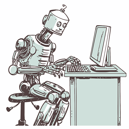 a friendly robot typing into a computer, white background, in the style of vector art,