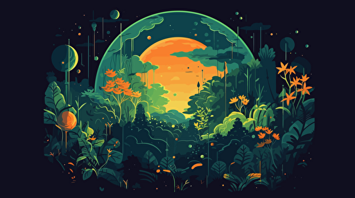 a newly discovered jungle planet, floating in space, hazy atmosphere, orange and green colors, vibrant, strange plants dotting the planet's surface, flat vector illustration, as seen from space