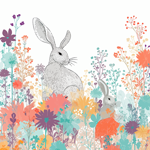bright pastel colored rabbits on a white background with colorful wildflowers growing around it + detailed doodle style + white background + simple vector + bright pastel colors