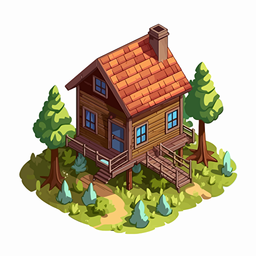 Cartoon vector style simple wooden hut, house of park ranger, isometric view, transparent background