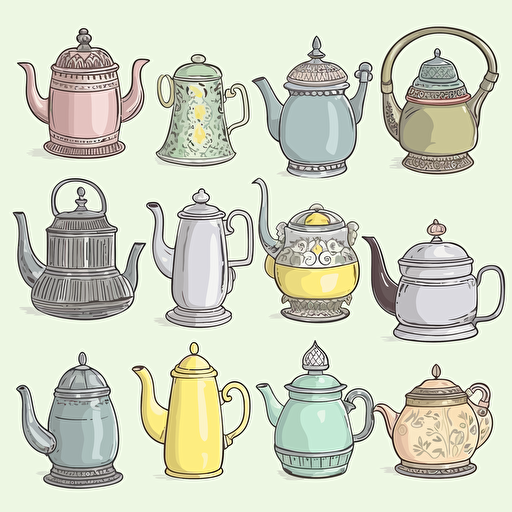 sticker sheet of different types of antique tea pot, pendrawing, soft pastel color, white background, vector