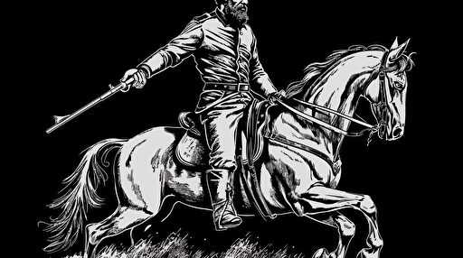 confederate general riding a galloping war horse with war paint on his face pointing a musket, profile view, black and white vector style