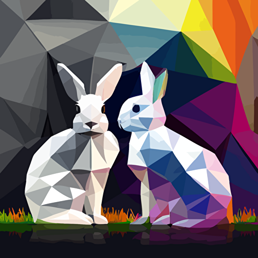 a true friendship: white rabbit and a black and white racconn, vector, low polygon, symmetric, colorful, florest in the background