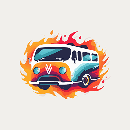 Create a modern colorful vector logo minimalism of a hot rod style Volkswagen van on white background in flames