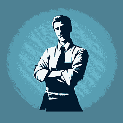 silhoette of professional worker, facing camera, arms crossed, smiling, sleeves rolled up, blue color, gray background, simple design, vector style, white outline over silhouette