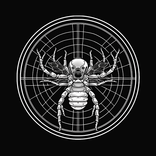 a logo image for an AI company of an araneus spider on a tennis racket, black and white, vector, 2d, minimalistic, cyberpunk, award-winning
