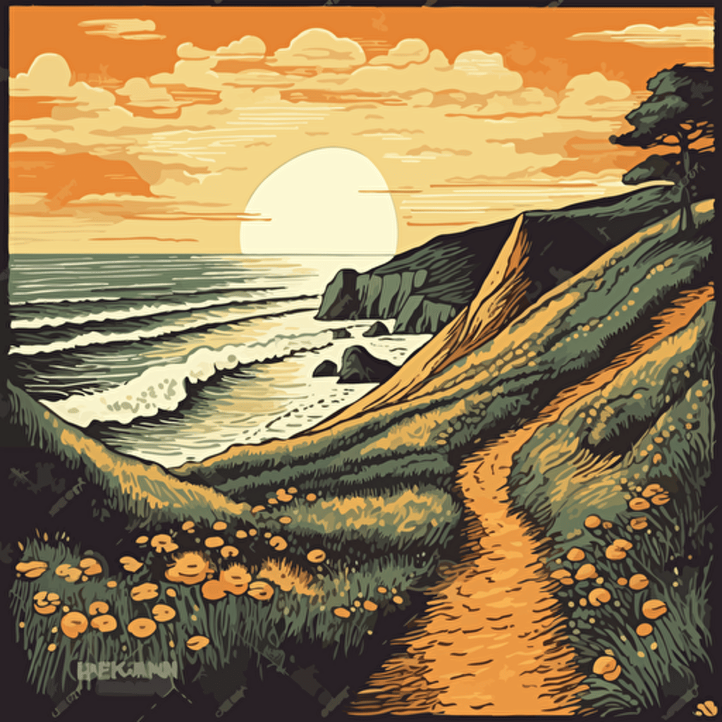 dirt path leading from cliff down to lost coast beach, sun on the horizon, sunset, large waves crashing in the ocean, evenly distributed swells in the distance, vectoral art, 70s pop art,