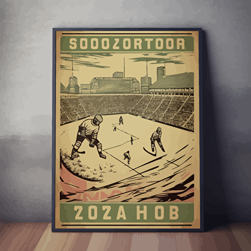 retro hockey poster, old stadium, no players, worn down, vector art, simple ar3:2