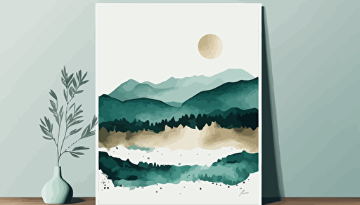 dark teal and beige watercolour landscape, minimalist, vector, countour