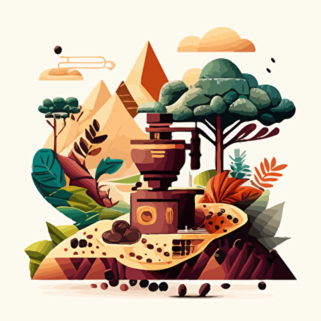 coffee landscape growing illustration, coffee bean, grinder, grower, 2d vectors, geometric, colors inspired by Colombia and coffee culture, coffee growing