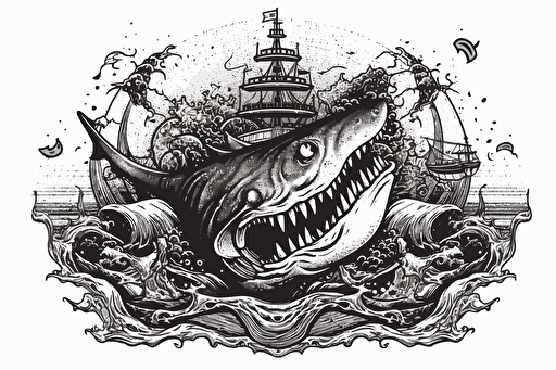 a retro style vector illustration of a shark surrounded by a kraken. White background, black illustration. Negative space around the outside.