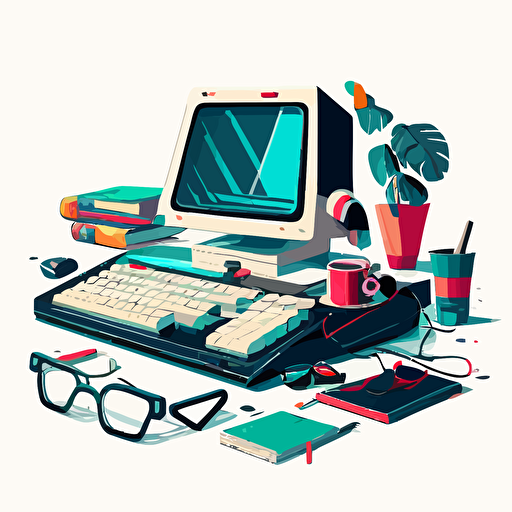 a clean desk with no clutter on white background in a vector art 80s style