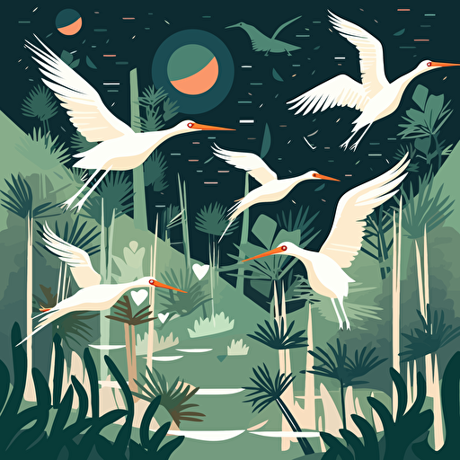Flat vector illustration, a flock of white storks flying to the bamboo garden to spend the night, using appropriate colors