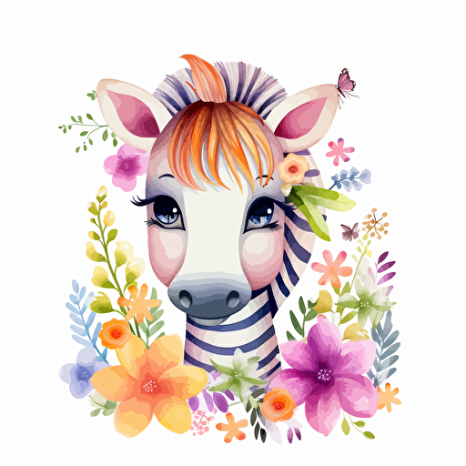 cute zebra, floral, detailed, cartoon style, 2d watercolor clipart vector, creative and imaginative, hd, white background