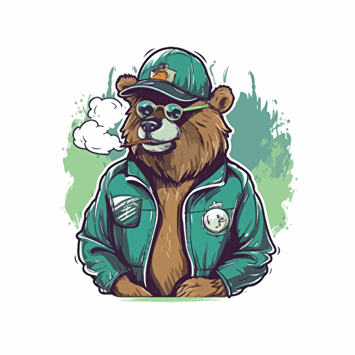 2d Minimalist logo design of a futuristic bear smoking marijuana dressed in hip hop attire, splash art, vector art