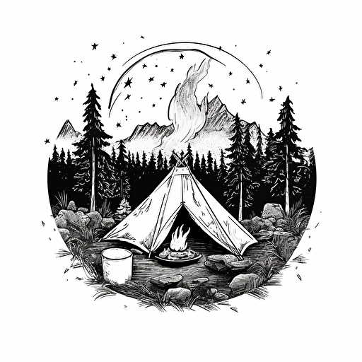 campfire at campsite, black and white vector, on white isolated