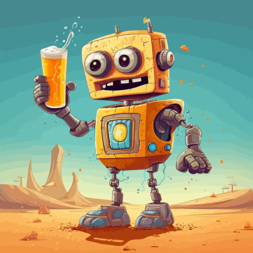 cute happy robot holding a beer, coastal, cartoon graffiti, vector