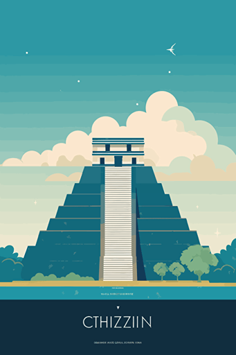 front view of the Chichen itza, blue sky, vector design, minimalist, flat