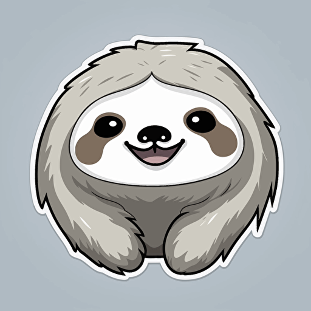 sticker, cute and happy sloth, kawaii, contour, vector, white border, gray background