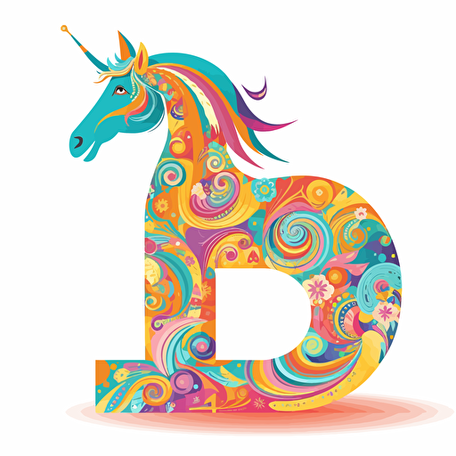 The letter "e" made from cheerful logo, with unicorn, vector style, cartoon, mandalacolor,white background,2d