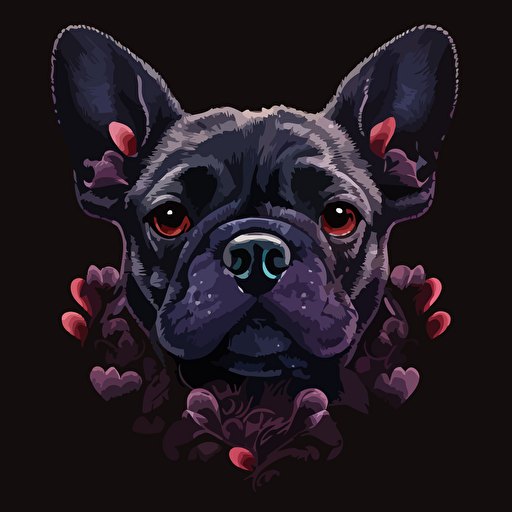 a head of a dark french bulldog surrounded by purple hearts , super detailed, vector