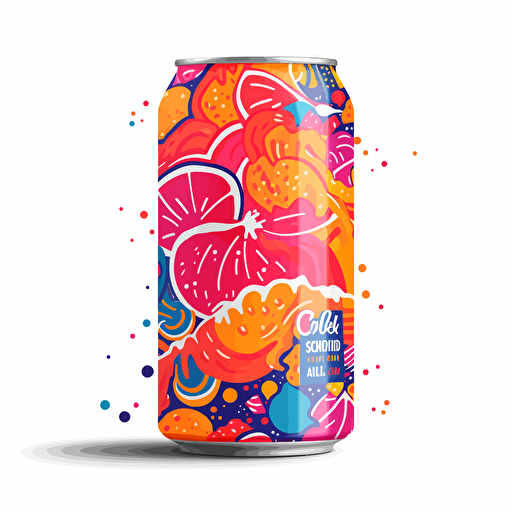 a colorful 2D vector can label , flavor strawberry-orange-marshmallow soda, targeting teenagers, illustrations of Orange and strawberry, abstract and colorful shapes. Incorporate bubbles desing to emphasize the drink's bubbly texture.