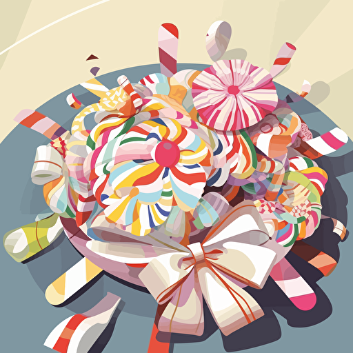 decroative abstract bow wrapped around a candy factory, various candy on the ground, vector art,