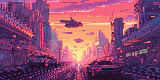 illustration of hyper futuristic flying cars flying through a city. vector style. designmilk. detailed. the palette is mostly purple with a little bit of blue and green.