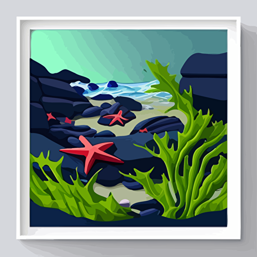tidepool on the west coast, red sea stars, green kelp, blue rocks, minimalist design, fun vibe, vector, 2d, flat, 8 colors