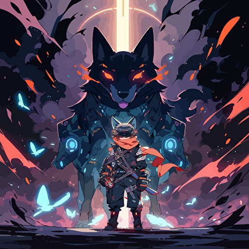 Create an image of a massive battle between two different states shiba inu cyber punk and fox dark shiba inu outfit battle, galaxy explose, anime background, vector, greekpunk, marvel style