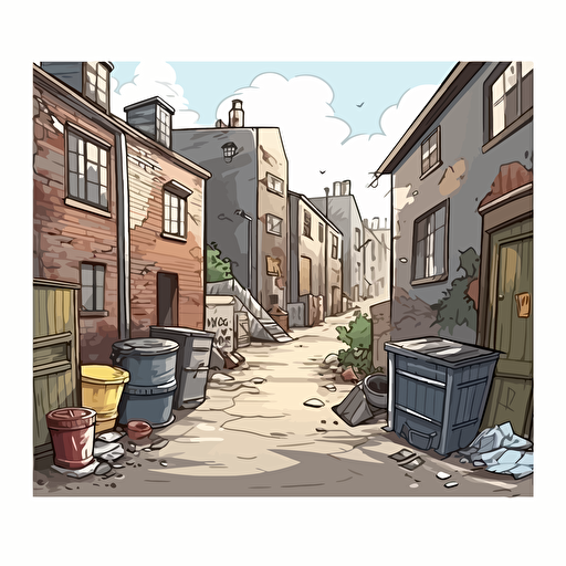 dirty alley with dumpster, in cartoon style, digital art, vector, detailed, hyper-detailed, sticker, white background,