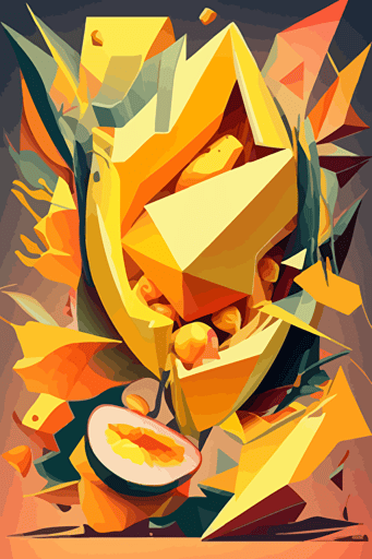 mango explosion, inferno, symmetry, Neo-Cubism, layered overlapping geometry, geometric fauvism, layered geometric vector art, maximalism; V-Ray, angular oil painting