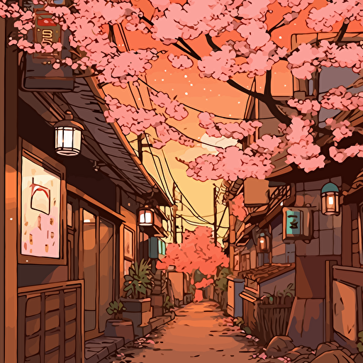 "Cute Seoul Alleyway," Cherry Blossoms, Lanterns, Minimalistic, Evening, Digital Illustration, Soft Pastels, Warm Lighting, in the style of Yayoi Kusama, Present Day, Simplified, Vector Art