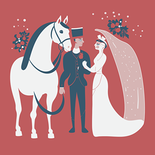 Vector art of a horse dressed as a bride and a horse dressed as a groom, in the style of Britta Teckentrup illustrations