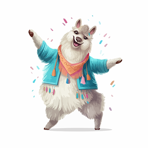 cute lama vector drawing , white background happy and dancing