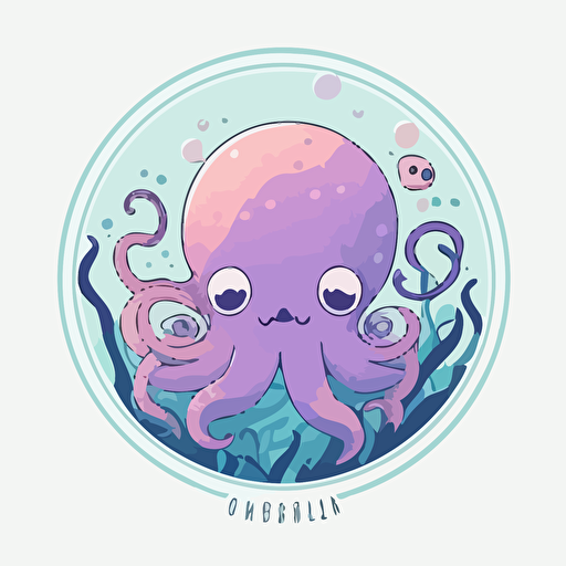 circle logo design, flat 2d vector logo of a cute octopus, muted purple and blue colors, 80s, disney-inspired