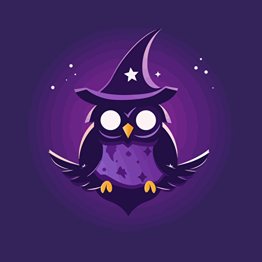 a vector logo silhouette of a flying owl wizard in a wizard hat, tech product logo inspired by Twitter and Duolingo logos, low detail, simplistic, playful style, dribbble, expensive, premium, purple, magic wand, stars, no eyes