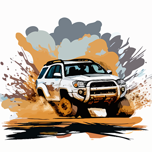 driving forward, no background, simple art, front view of a white Toyota 4Runner, 5th generation 4runner, illustration type, clean, vector image, big wheels, lifted truck, wheels spinning, dirt being thrown from tires, dirt, off road, 4 wheeling, 4x4