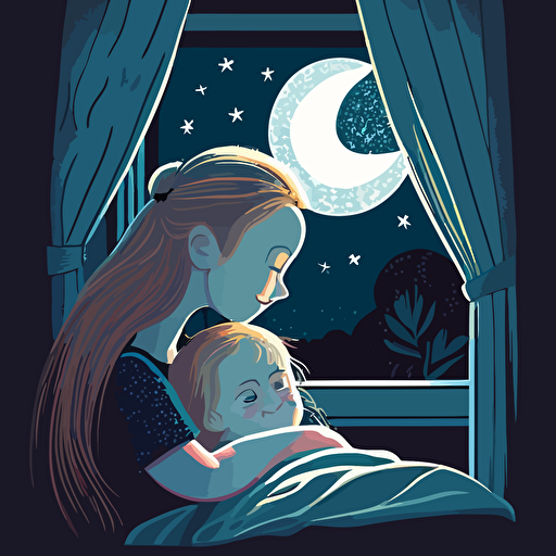 A cute cartoon little girl with long blonde hair and blue eyes being tucked into bed by her pretty Mama. The window is open and the moon and stars can be seen, vector, ar 2:3, illustration