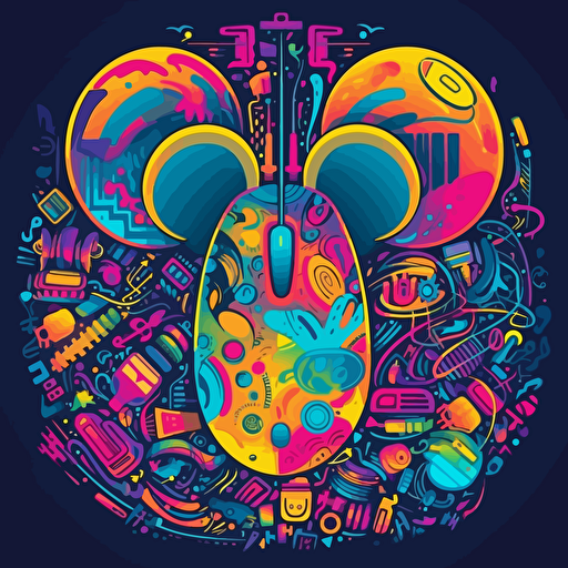 a cartoon computer mouse surrounding colorful motifs, 2d vector, neon colours, epic composition, vector design on the edges of the image